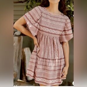 Maeve by Anthropology Boho Tiered Stripe Mini Shift Cotton Dress Small